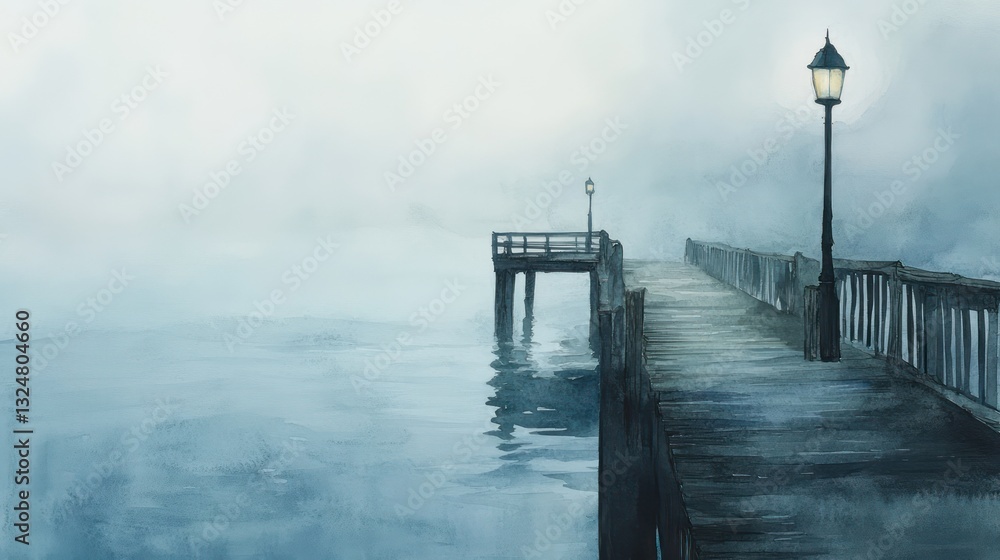 A wooden pier stretching into water under a hazy atmospheric sky