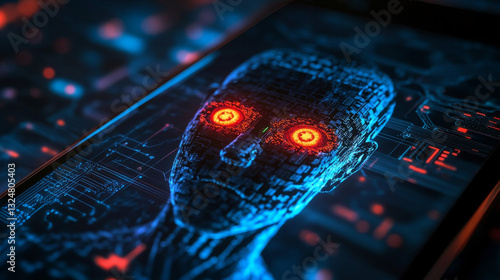 AI with scary face on screen phone. Head chat bot with lightning eyes. Bad Artificial Intelligence in image cyborg look at eyes. Malicious AI or computer ransomware virus taken over mobile phone.