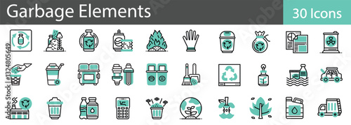 Garbage Elements includes outline vector icons illustrating waste management, recycling bins, trash disposal, and environmental cleanup activities. Editable stroke vector illustration.
