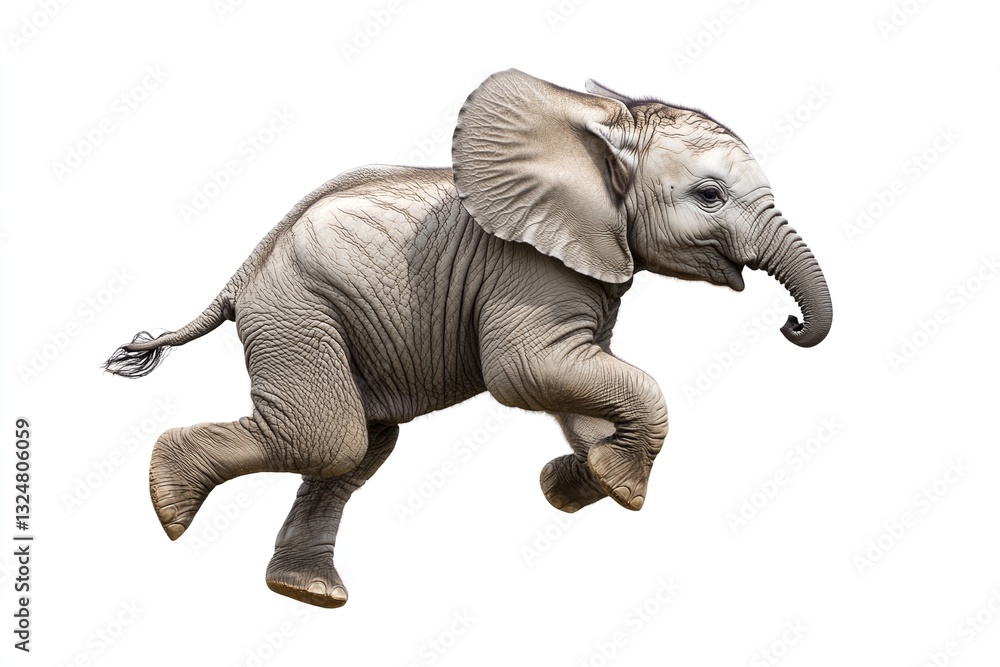 Fototapeta premium A playful baby elephant leaps through the air, its gray skin and large ears contrasting against a bright white background. Pure joy captured!