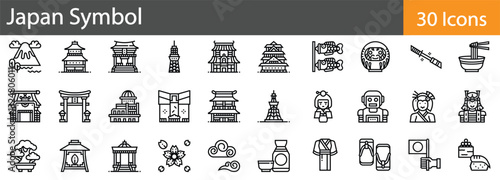 Japan Symbol includes outline vector icons illustrating Japanese culture, national symbols, traditional elements, and iconic motifs. Editable stroke vector illustration.