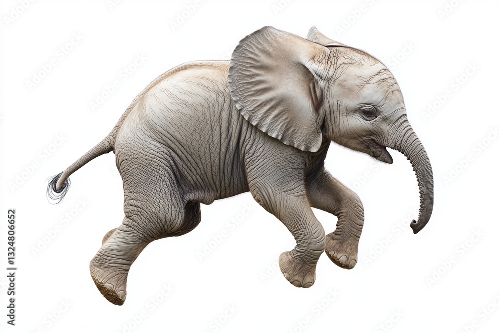 Obraz premium A playful baby elephant leaps through the air, its wrinkled gray skin and large ears contrasting against a stark white background. Pure energy and charm!