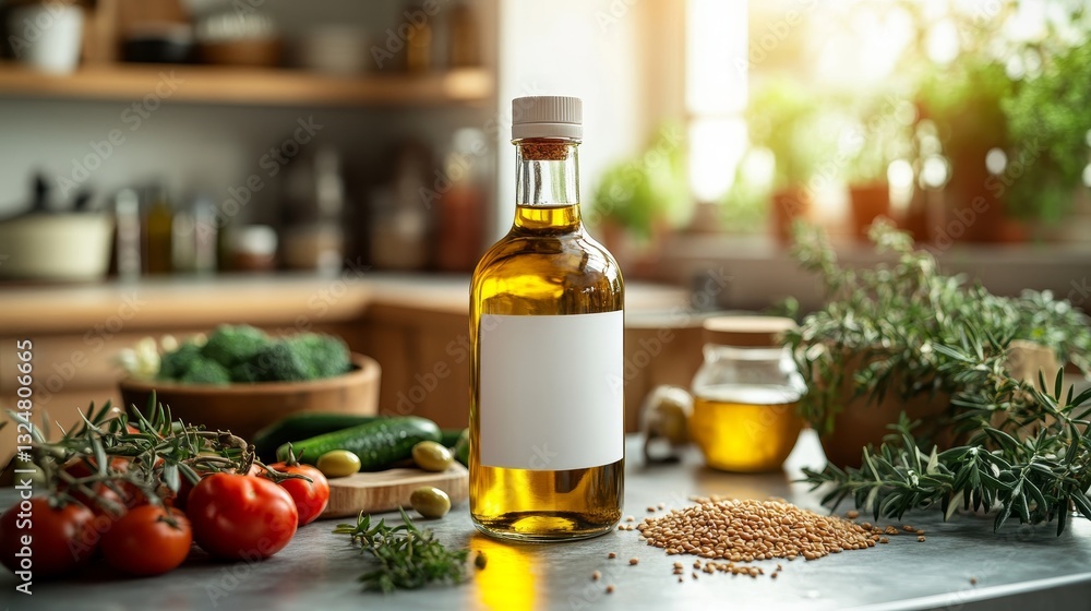 Healthy Cooking Oil, Rustic Kitchen Setting with Fresh Ingredients, Natural Food Photography Healthy Cooking Oil, Rustic Kitchen Setting with Fresh Ingredients, Natural Food Photography
