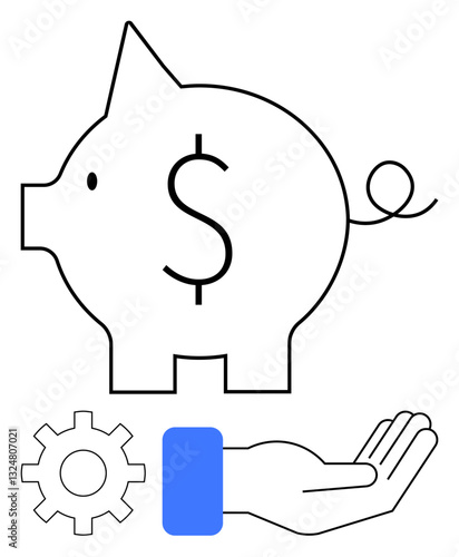 Piggy bank marked with dollar sign, gear for process, and open hand symbolizing financial saving, collaboration, and assistance. Ideal for money management, teamwork, business strategy, budgeting