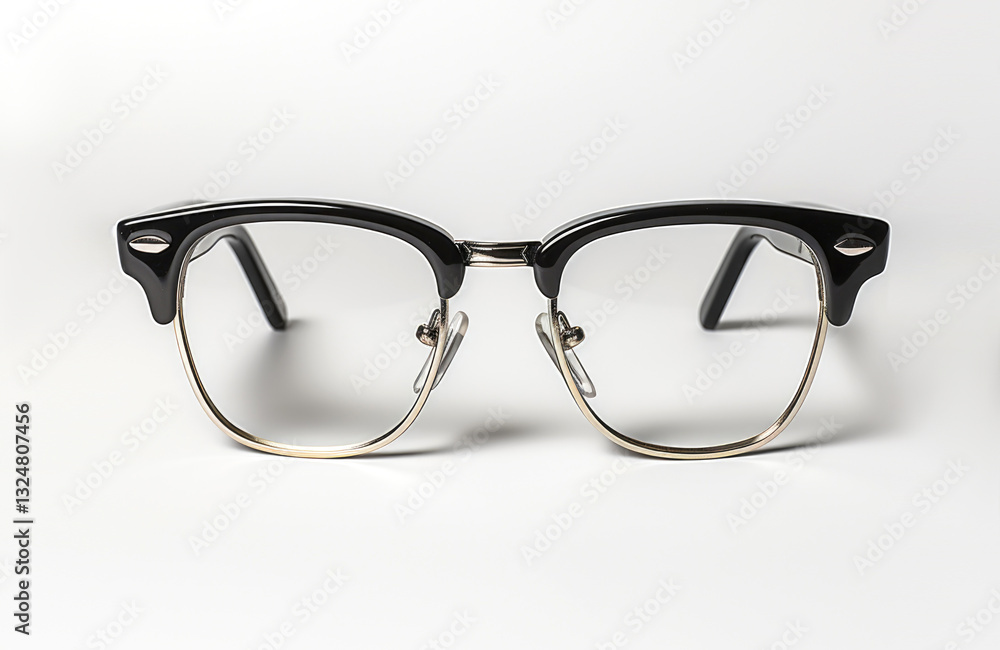 Classic eyeglasses with a black upper frame and metal rims on a white background
