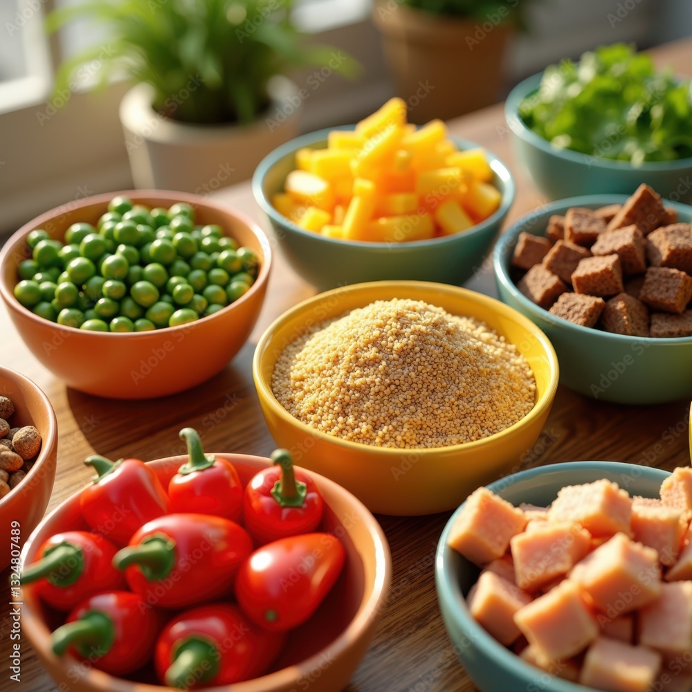 vibrant colorful display dog food ingredients arranged bright bowls creating eye catching composition, kibble, vegetables, fruits, protein, beef, chicken vibrant colorful display dog food ingredients arranged bright bowls creating eye catching composition, kibble, vegetables, fruits, protein, beef, chicken