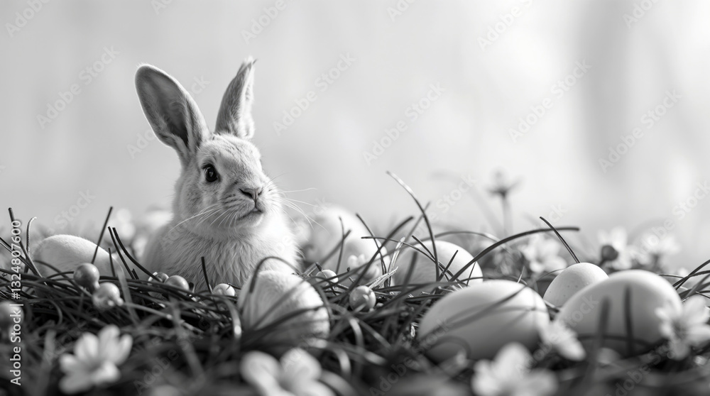 Monochrome image of a bunny sitting in a festive Easter setting with eggs and blossoms with copy space