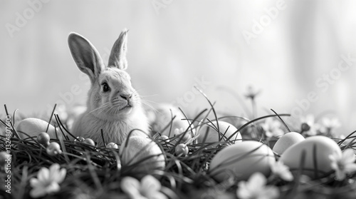 Obraz na płótnie Monochrome image of a bunny sitting in a festive Easter setting with eggs and blossoms with copy space w salonie