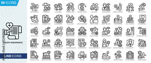 Insurance icon collection set. Health Insurance, Life Coverage, Car Insurance, Insurance claims, Insurance renewal, Car accident icon. Simple line vector