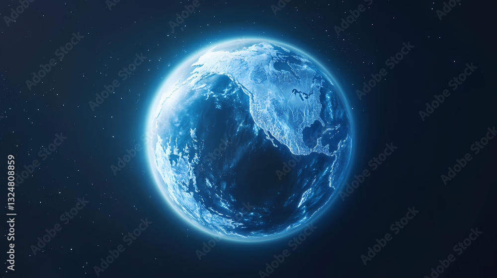 Fototapeta premium Frozen planet with glowing polar lights. Glacial Glow. Illustration