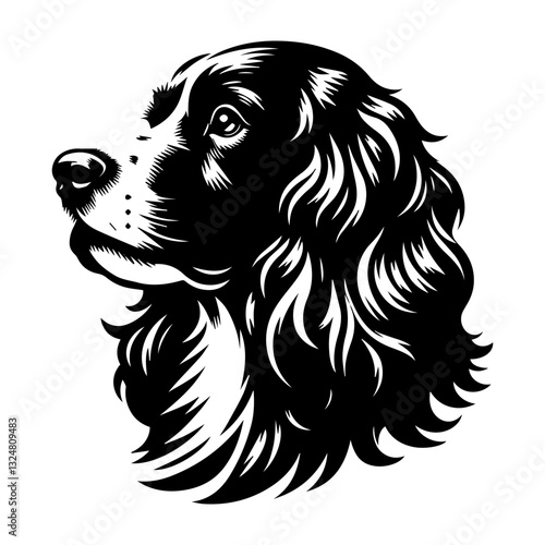 Cavalier King Charles spaniel's head is a black and white logo. EPS vector graphics.