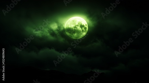 Green Moon Night Sky Clouds Atmospheric Dark Evocative