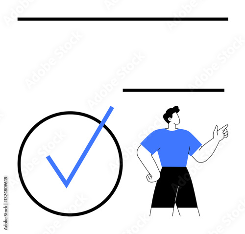 Confident person pointing towards space beside large blue checkmark inside a circle. Ideal for success, approval, completion, positivity, reliability, validation, decision-making. Flat simple