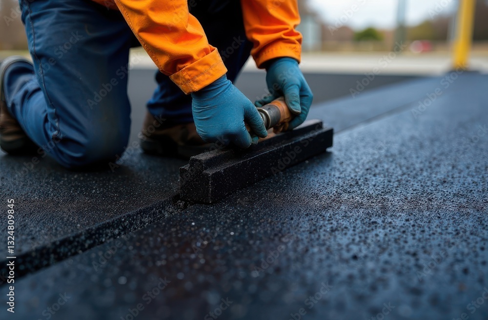 A man takes measurements after laying asphalt pavement to decide whether to put a new road into operation A man takes measurements after laying asphalt pavement to decide whether to put a new road into operation
