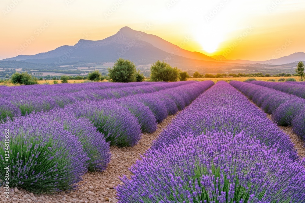Lavender fields in full bloom at sunset near a mountain landscape with vibrant purple flowers Generative AI Lavender fields in full bloom at sunset near a mountain landscape with vibrant purple flowers Generative AI