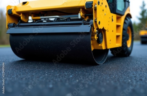 An asphalt roller compacts asphalt pavement before a new road is put into operation