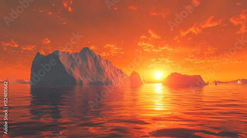 Serene sunset over iceberg in a tranquil ocean simulating a continent generative ai image. Glacial Glow. Illustration