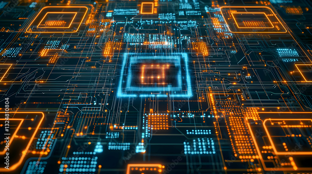 Futuristic Circuit Board Design with Glowing Blue and Orange Lines in Dark Background Futuristic Circuit Board Design with Glowing Blue and Orange Lines in Dark Background