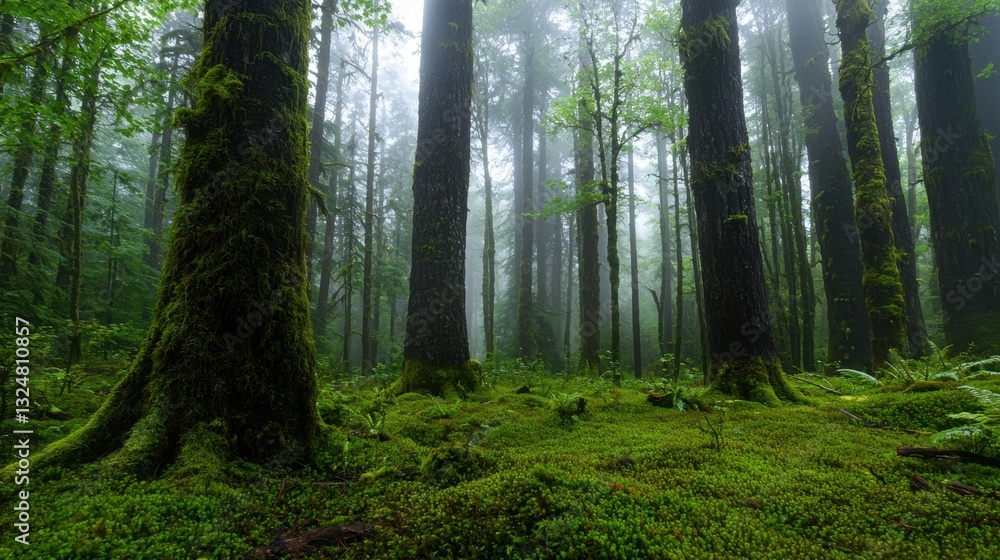 Fototapeta premium A serene forest filled with towering trees covered in moss, enveloped in mist. The lush undergrowth creates a tranquil atmosphere, inviting exploration on a cool day