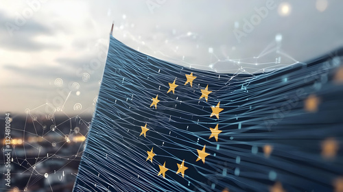 Digital Waving European Union Flag With Binary Code Overlay Over Blurred Cityscape Background