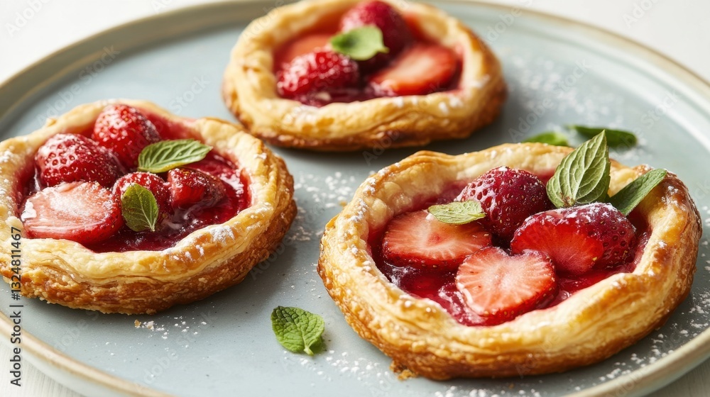 Delicious strawberry danish pastries with fresh mint on a plate Delicious strawberry danish pastries with fresh mint on a plate