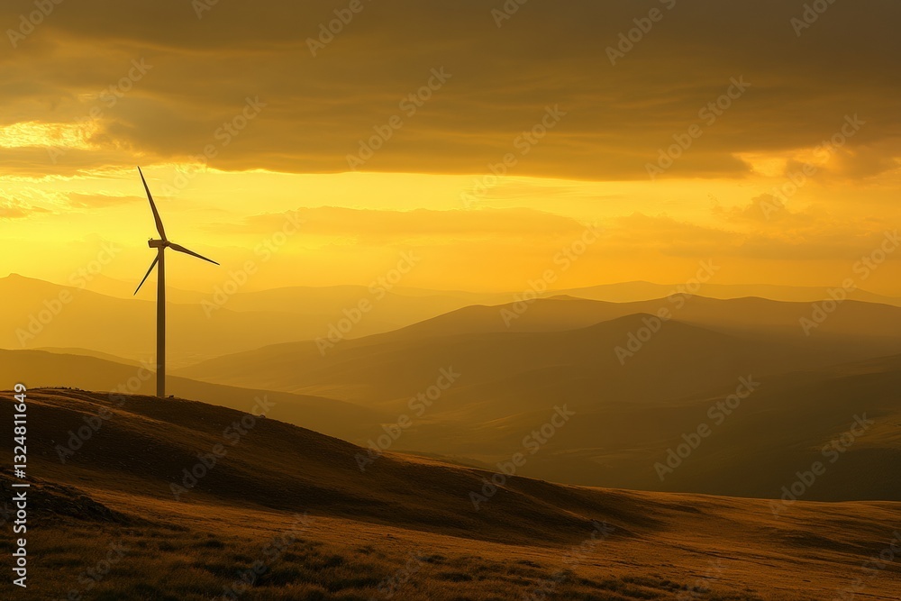 Obraz premium Lone wind turbine stands proudly on a hilltop during a golden sunset in a tranquil landscape Generative AI