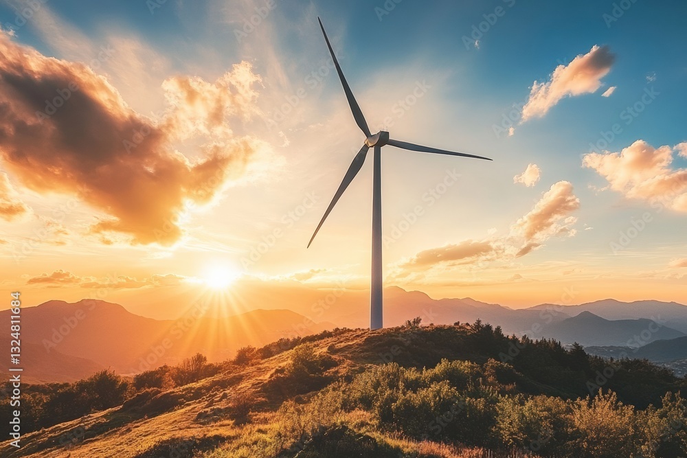 Obraz premium Lone wind turbine on a hilltop with sunset casting warm colors over the landscape Generative AI