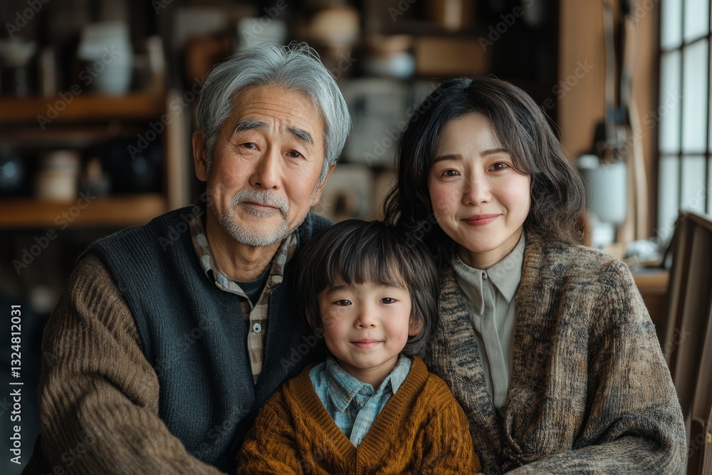 Grandfather, mother and child smiling together in their pottery workshop Grandfather, mother and child smiling together in their pottery workshop