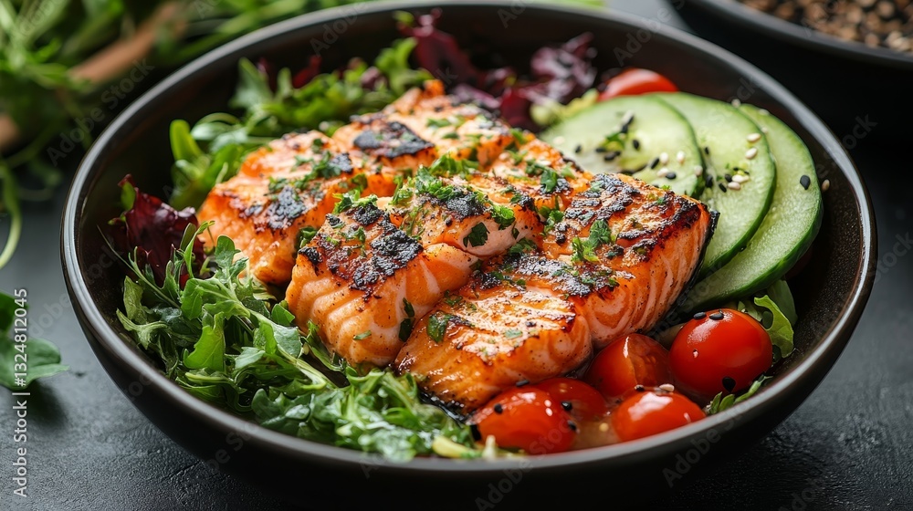 Grilled Salmon Salad with Fresh Greens, Tomatoes, Cucumber, and Sesame Seeds for a Healthy Meal Grilled Salmon Salad with Fresh Greens, Tomatoes, Cucumber, and Sesame Seeds for a Healthy Meal