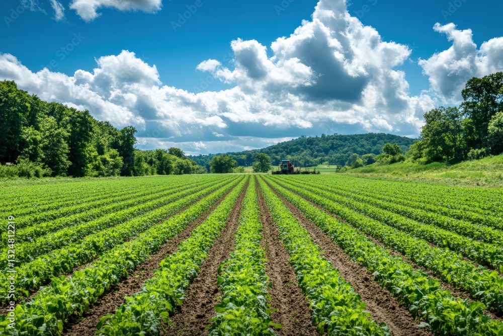 Lush green vegetable farm with neat rows under a bright blue sky during daylight hours Generative AI Lush green vegetable farm with neat rows under a bright blue sky during daylight hours Generative AI