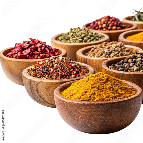 Fototapeta Naklejka Na Ścianę i Meble -  A row of wooden spice bowls each filled with a different colorful spice, isolated on a white transparent background.