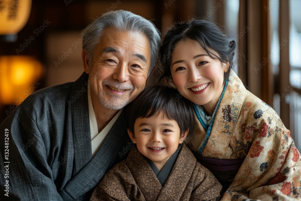 Portrait of smiling multi generational family wearing traditional japanese clothes Portrait of smiling multi generational family wearing traditional japanese clothes