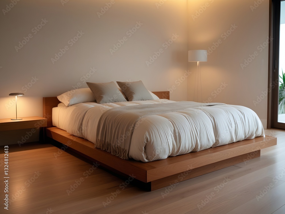 A serene minimalist bedroom with a low-profile platform bed featuring a sturdy wooden frame in a warm honey-brown tone A serene minimalist bedroom with a low-profile platform bed featuring a sturdy wooden frame in a warm honey-brown tone