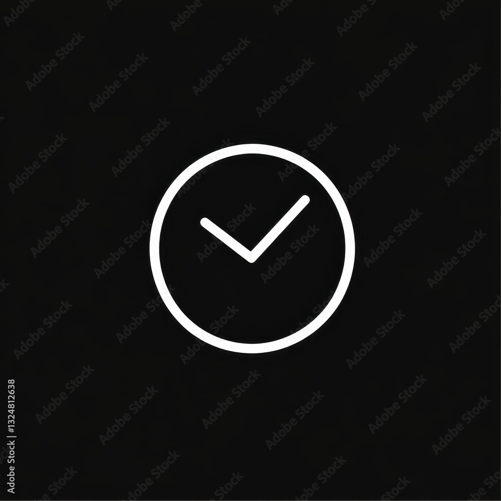 Minimalist black background white clock icon with checkmark symbol Minimalist black background white clock icon with checkmark symbol