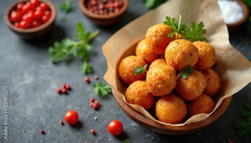 Wallpaper Mural Deep fried golden arancini balls served on rustic background with fresh tomatos and herbs. Traditional stuffed Italian risotto rice appetizer snack recipe. Close-up of crisp sicilian dish. Torontodigital.ca
