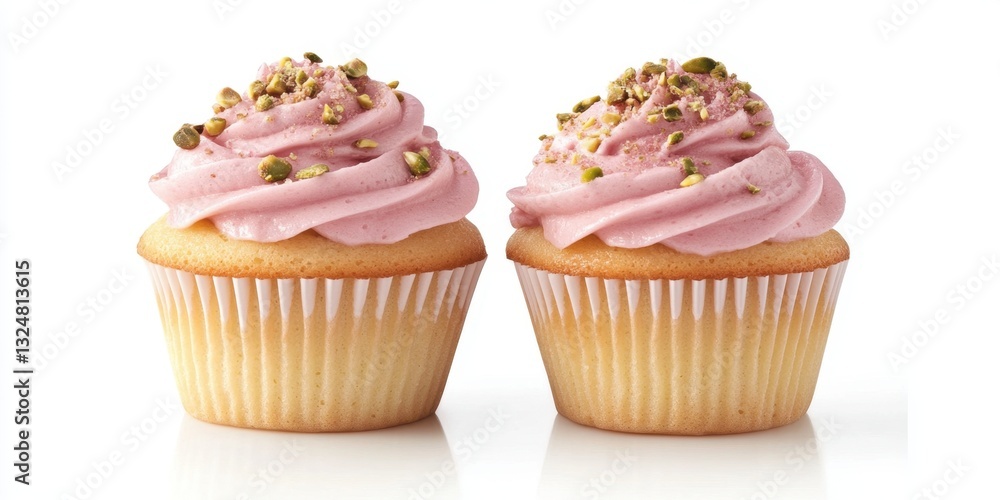 Delicious vanilla cupcakes with pink frosting and crushed pistachios Delicious vanilla cupcakes with pink frosting and crushed pistachios