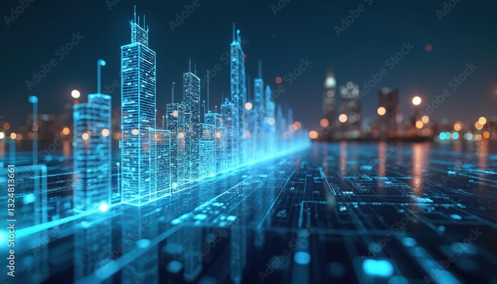 Obraz premium Hi-tech digital city illustration with circuit board lines connecting buildings, skyscrapers. Futuristic business, finance, technology, global economy. Modern cyberspace, big data, financial data