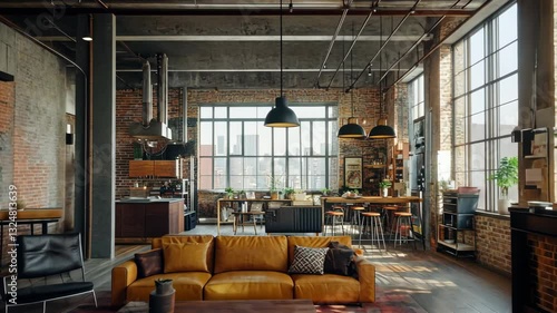 Cozy industrial loft living space with rustic decor and abundant natural light