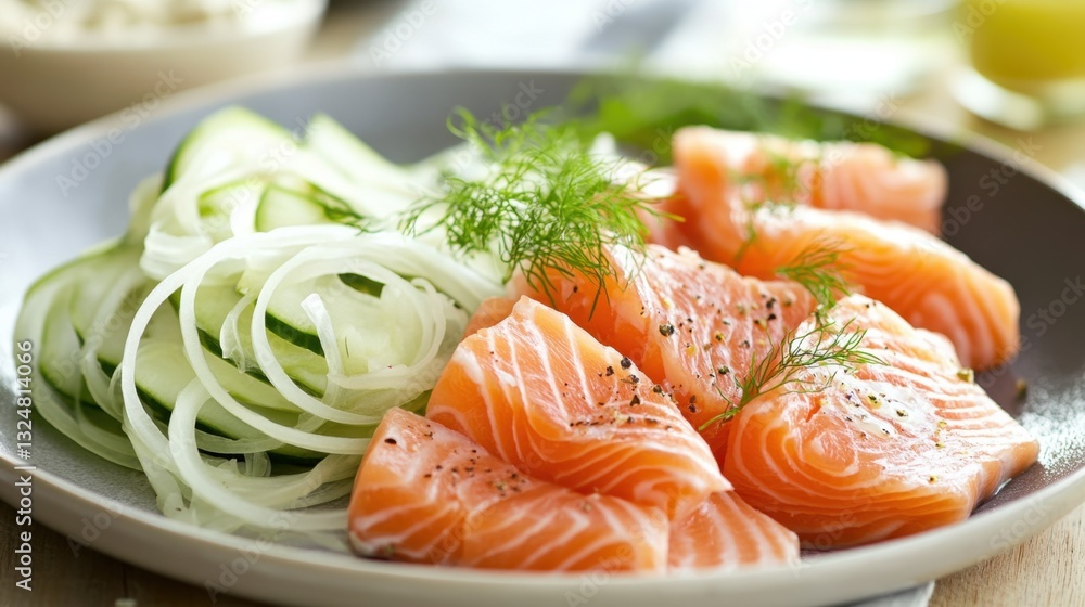 Fresh salmon sashimi with sliced cucumber and onion garnished with dill Fresh salmon sashimi with sliced cucumber and onion garnished with dill