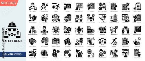 Safety Gear icon collection set. Hazard Warning, Fire Exit, First Aid, Emergency Plan, Safety Inspection, Incident Report icon. Simple glyph vector