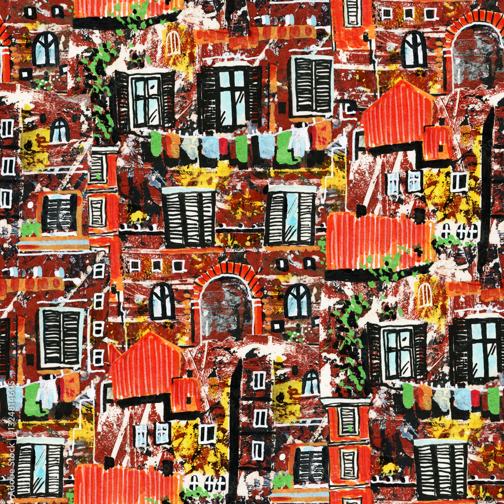 Seamless pattern with a small town. Paper application. Collage art. Seamless pattern with a small town. Paper application. Collage art.