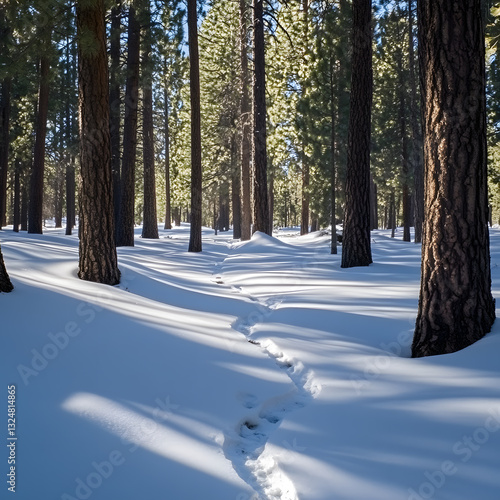 A pine forest blanketed in soft snow with fain