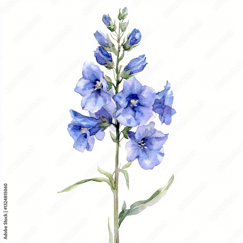 Fototapeta premium Watercolor hand-painted Larkspur branch with leaf on a white background, flat watercolor painting, simple design, AI painting design, AI