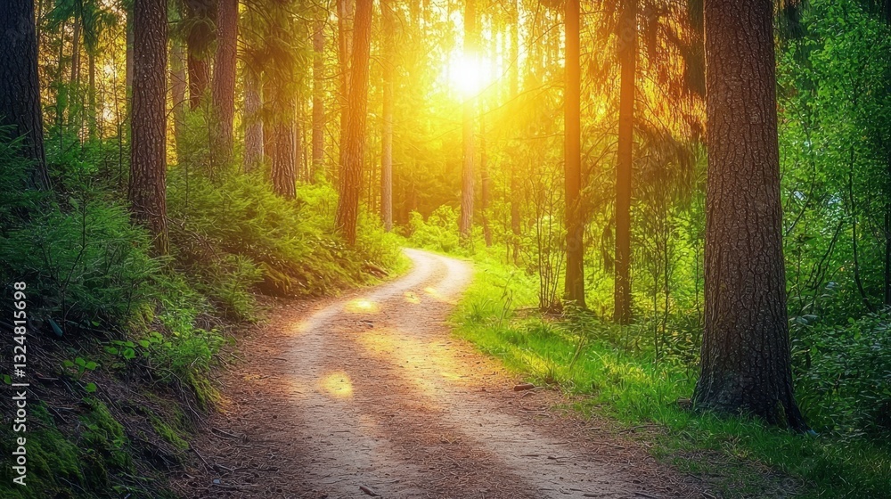Fototapeta premium A serene dirt path meanders through a vibrant green forest as golden sunlight streams between the trees at dawn. The atmosphere is tranquil and enchanting, inviting exploration
