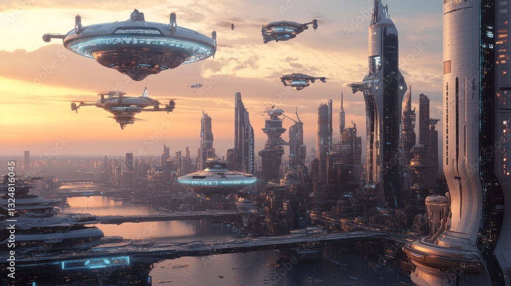 Futuristic Cityscape at Sunset with Flying Vehicles Futuristic Cityscape at Sunset with Flying Vehicles