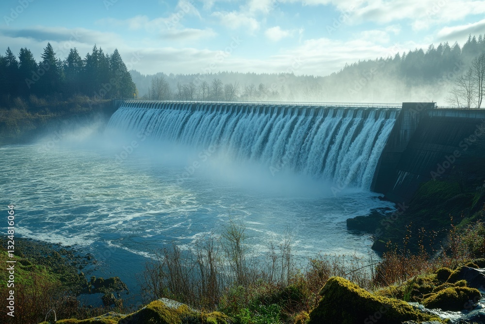 Fototapeta premium A majestic dam cascades water, creating a misty scene amidst a serene forest backdrop.