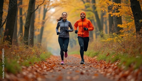 Fototapeta Naklejka Na Ścianę i Meble -  Couple runs in autumn forest. Man, woman jogging on trail. Sport, fitness lifestyle. Active runners training outdoor, enjoy nature, healthy workout. Athletic people exercise together on path with