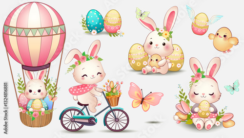 Easter clipart with cute drawings of holiday elements. Cute bunnies, flowers and much more for festive dressy decoration
