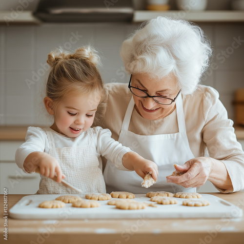 grandmother and granddaughter baking cookies