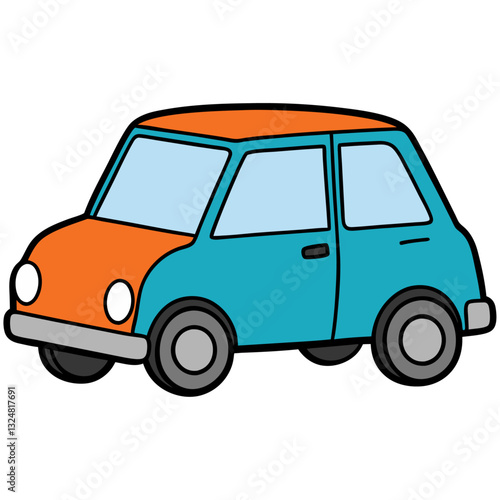 Small cartoon car with blue and orange body in playful style.